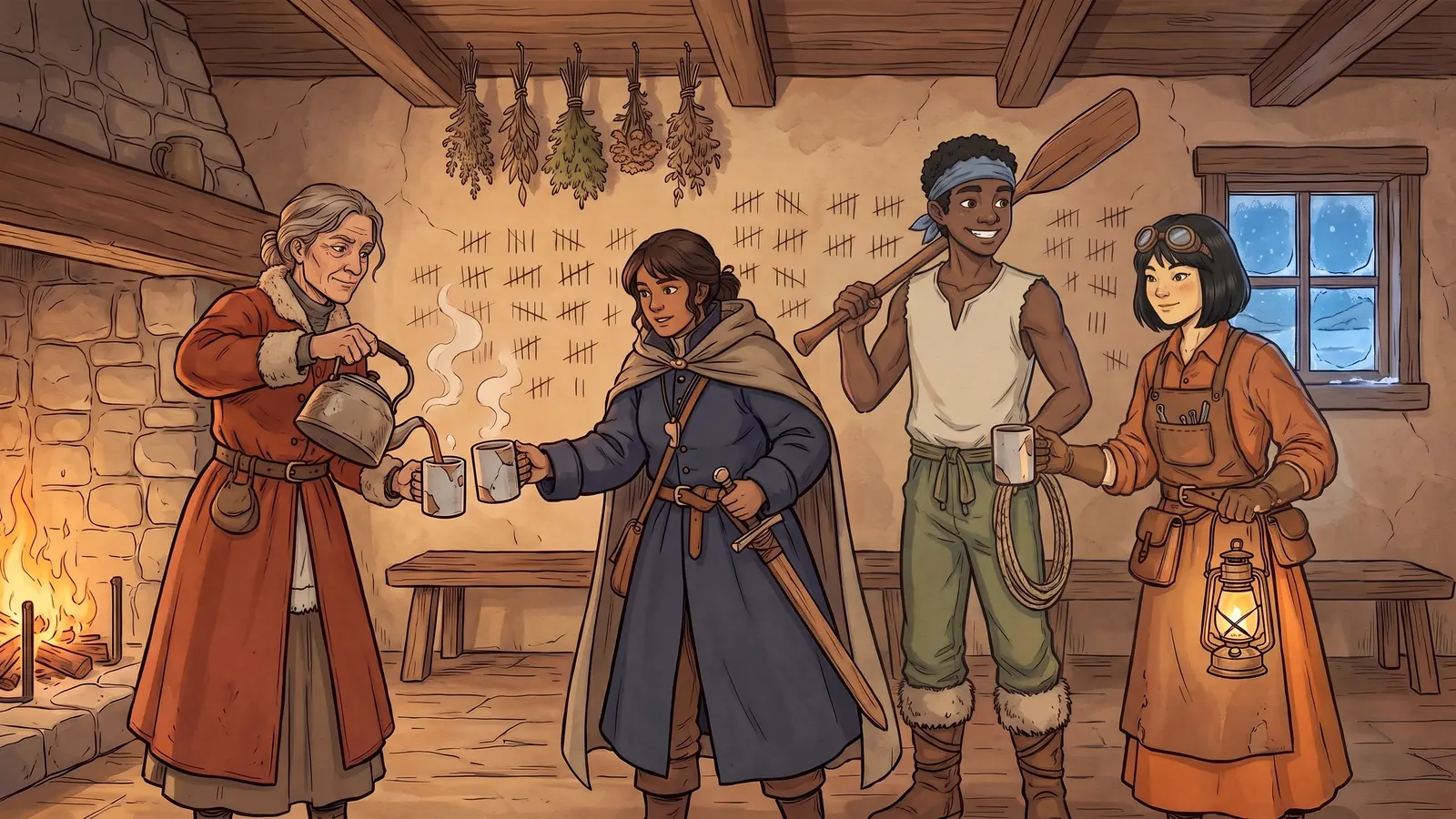 Kestra pours something hot into chipped mugs by the waystation fire