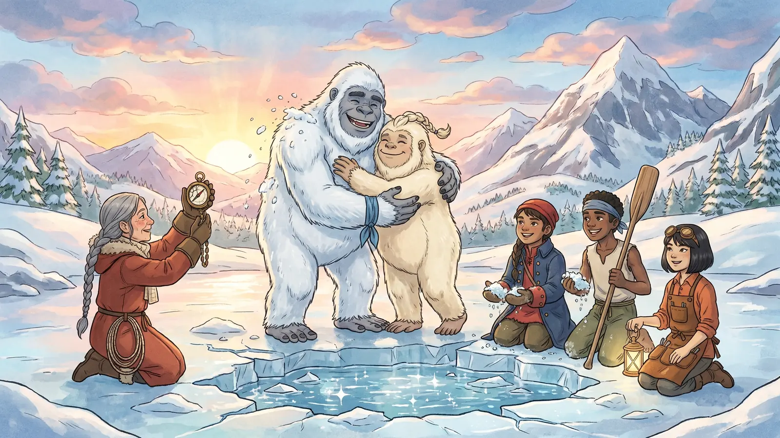 Torvind digs at the thin ice over his trapped friend while Kestra kneels beside him