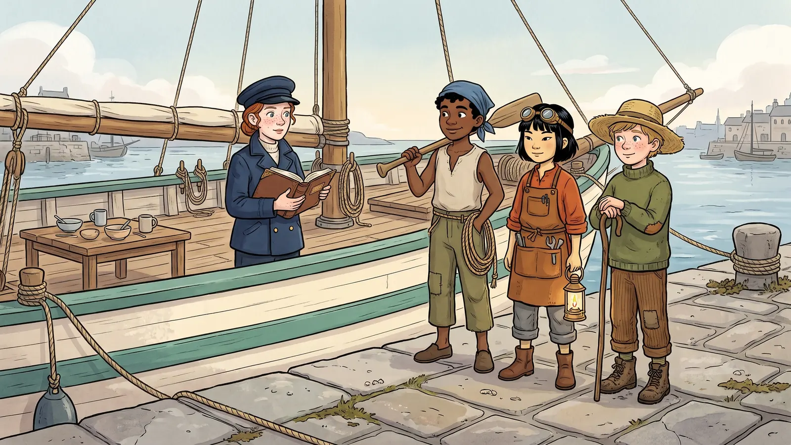 A harbour-reeve stands the heroes on the empty deck of a tidy ship at a tidal quay, breakfast bowls still on the table