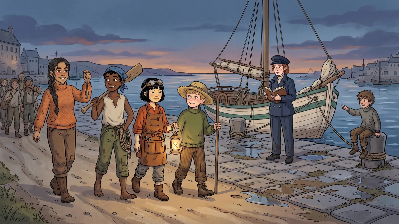 A skipper and her crew walk back onto a tidal quay as the water turns, the empty ship waiting with its ropes still tied