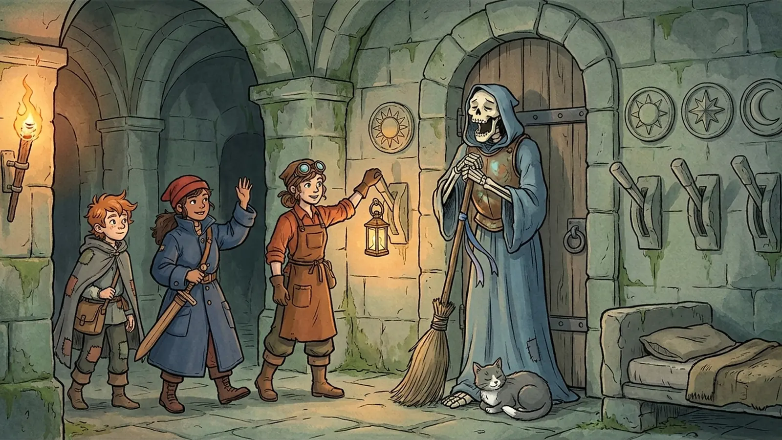 A skeleton guardian stands watch at the sealed exit door