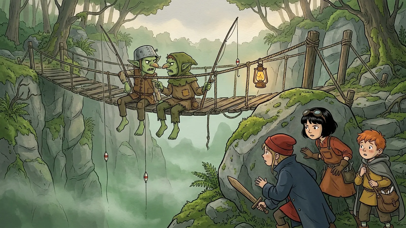 An old rope bridge over a misty ravine