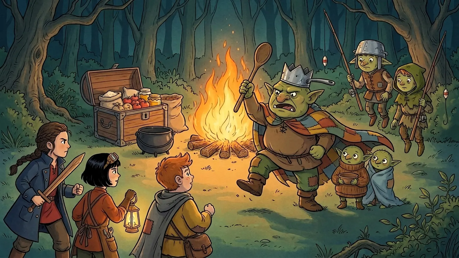 An old goblin guards the little ones by a bright fire