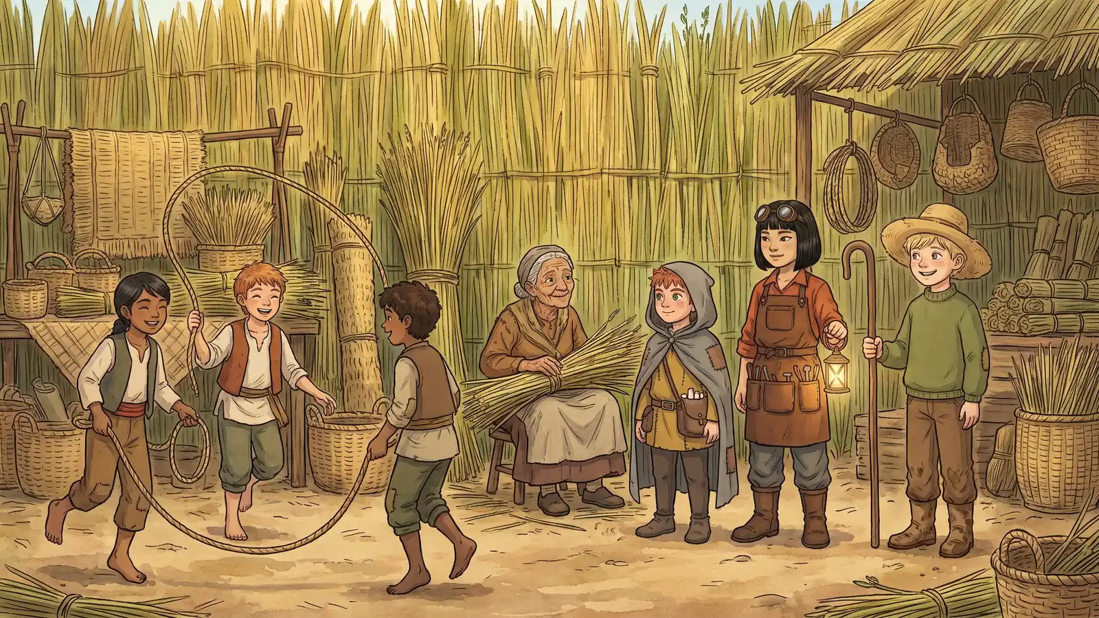 Children skip a rope in a reed-market under a woven reed wall while an old weaver looks up from her bundle of reeds