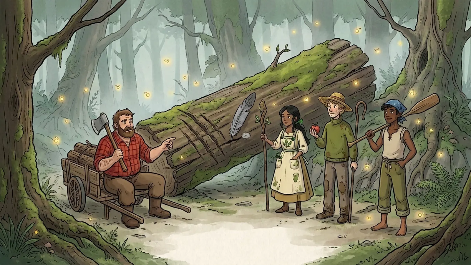 A woodcutter begs for help at a blocked forest trail
