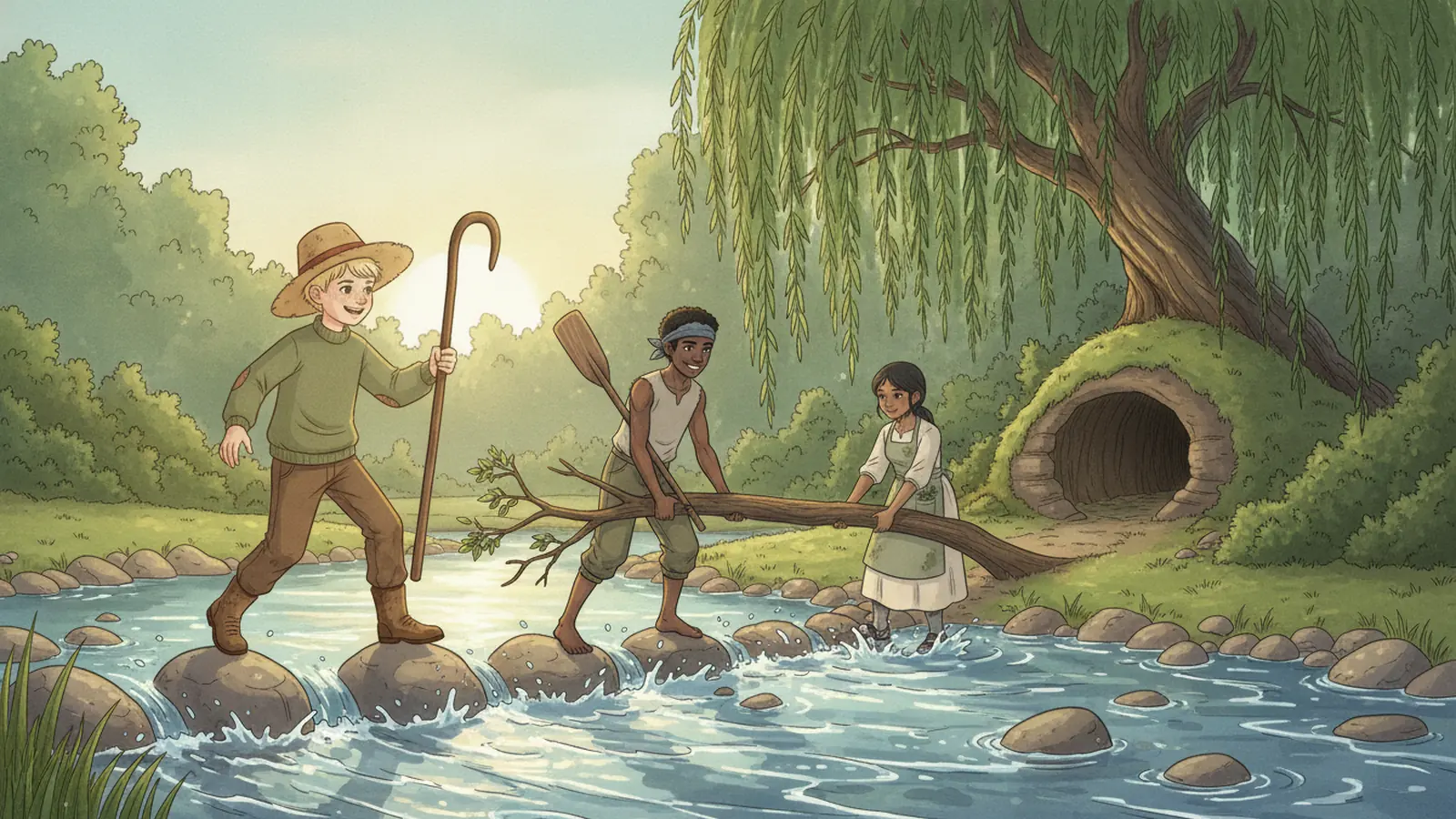 Heroes cross a rushing stream toward a quiet, mossy hollow under a willow