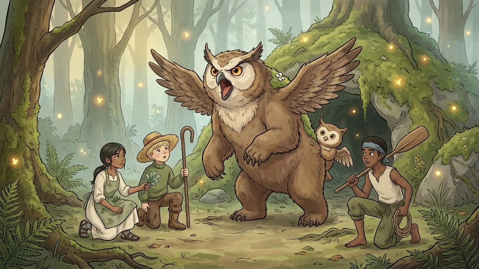 Mossback the owlbear rears up, guarding her den