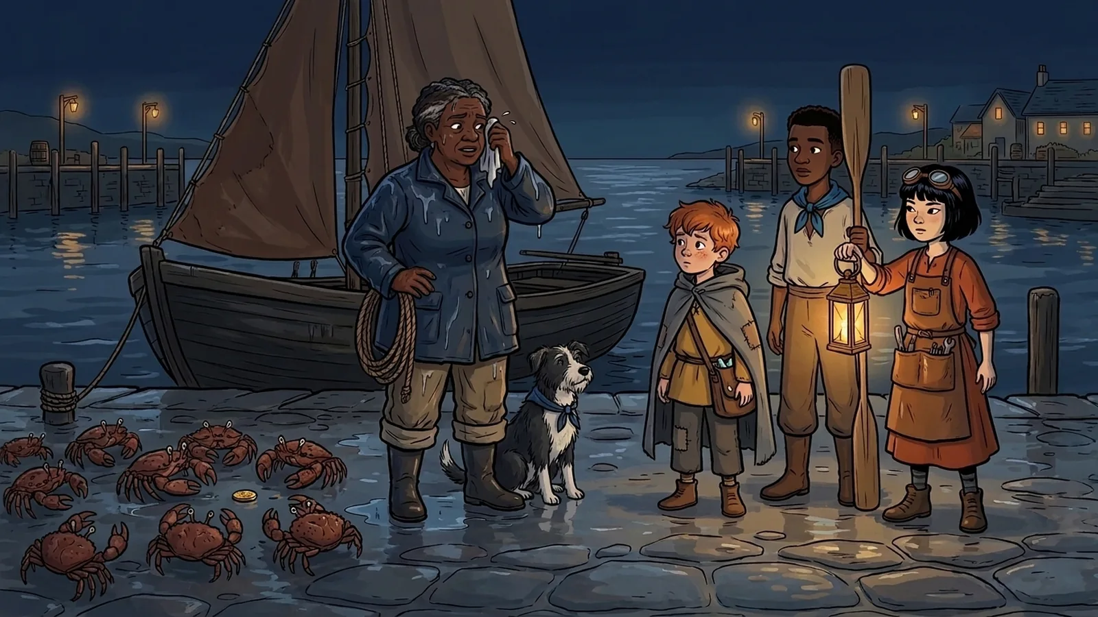 A soaked crew-boss stands on the night quay facing the heroes, the nameless boat behind her