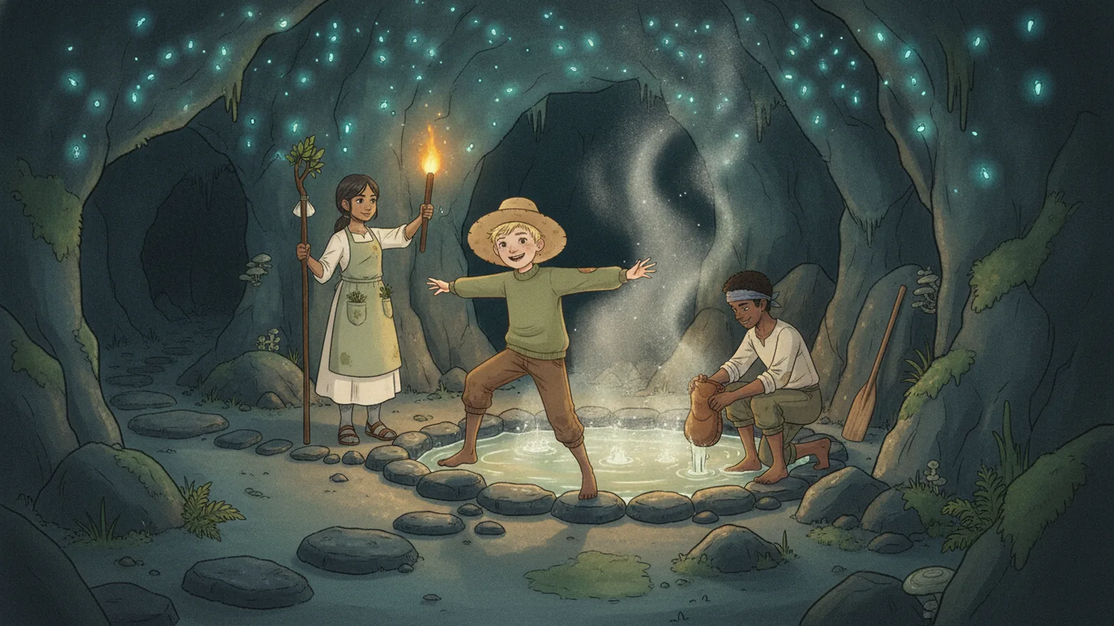 A secret glowing spring in a quiet grotto