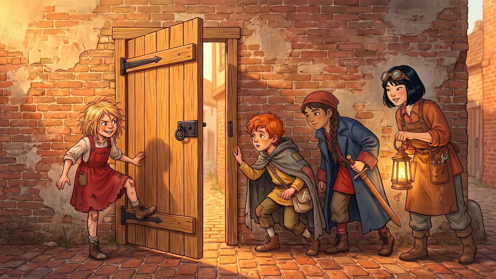 A new timber door stands in an old brick wall between two terracotta lanes, a child holding it open
