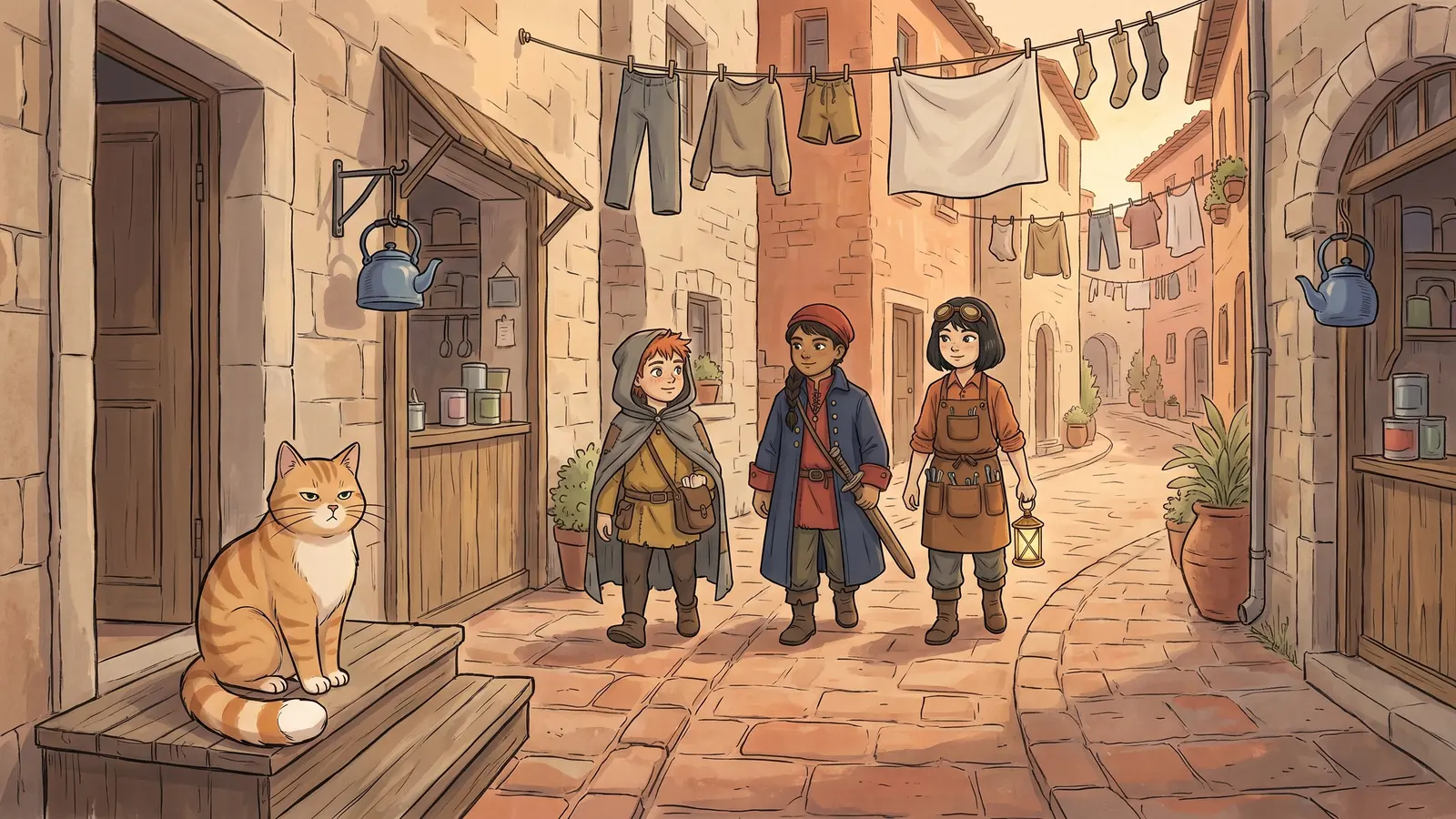 A terracotta lane curves out of sight under washing-lines, with the same shop-sign appearing twice