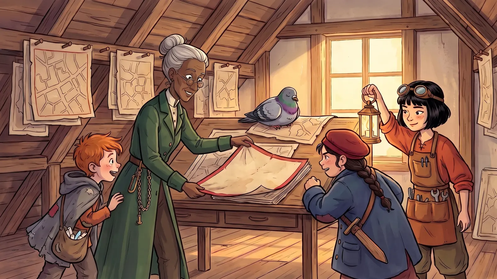 Old map-sheets hang in a timber loft while a pigeon watches from a rafter and a festival plan lies open