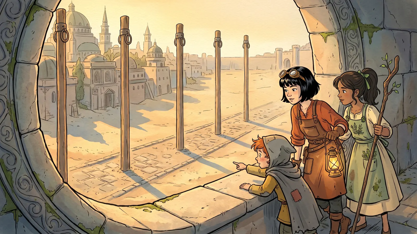 Five bare posts along the street far below, seen through a temple’s great round window in low gold light