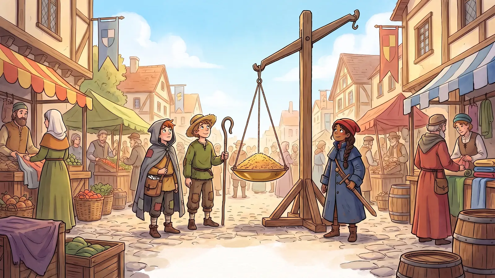 A brass measure of untouched barley sits on the crossbeam of a great market scale above a crowded fair-day square